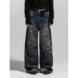 Vintage Faded Wash Distressed Ripped Wide-leg Baggy Denim Jeans size 32 Blue